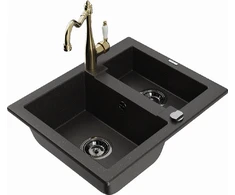 Granitinė virtuvinė plautuvė Mexen Carlos su maišytuvu ir sifonu, Metallic juodas/auksinis+Gold