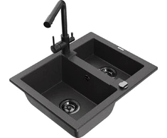 Granitinė virtuvinė plautuvė Mexen Carlos su maišytuvu ir sifonu, Juodas granite+Juodas