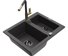 Granitinė virtuvinė plautuvė Mexen Carlos su maišytuvu ir sifonu, Juodas granite+Juodas/Gold