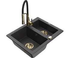 Granitinė virtuvinė plautuvė Mexen Carlos su maišytuvu ir sifonu, Juodas granite+Juodas/Gold