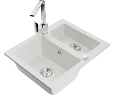 Granitinė virtuvinė plautuvė Mexen Carlos su maišytuvu ir sifonu, Baltas+Chrome
