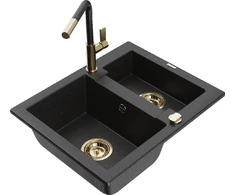 Granitinė virtuvinė plautuvė Mexen Carlos su maišytuvu ir sifonu, Metallic juodas/sidabrinis+Juodas/Gold