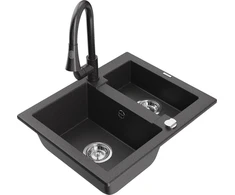 Granitinė virtuvinė plautuvė Mexen Carlos su maišytuvu ir sifonu, Juodas granite
