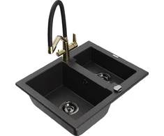 Granitinė virtuvinė plautuvė Mexen Carlos su maišytuvu ir sifonu, Metallic juodas/sidabrinis+Juodas/Gold