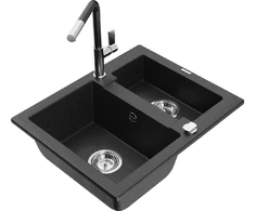 Granitinė virtuvinė plautuvė Mexen Carlos su maišytuvu ir sifonu, Metallic juodas/sidabrinis+Juodas/Chrome