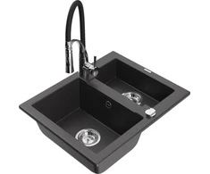 Granitinė virtuvinė plautuvė Mexen Carlos su maišytuvu ir sifonu, Juodas granite+Juodas/Chrome