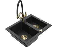 Granitinė virtuvinė plautuvė Mexen Carlos su maišytuvu ir sifonu, Metallic juodas/sidabrinis+Juodas/Gold