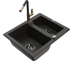 Granitinė virtuvinė plautuvė Mexen Carlos su maišytuvu ir sifonu, Metallic juodas/auksinis+Juodas/Gold