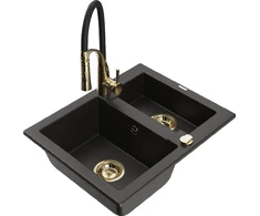 Granitinė virtuvinė plautuvė Mexen Carlos su maišytuvu ir sifonu, Metallic juodas/auksinis+Juodas/Gold