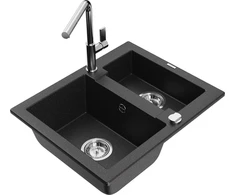 Granitinė virtuvinė plautuvė Mexen Carlos su maišytuvu ir sifonu, Metallic juodas/sidabrinis+Chrome