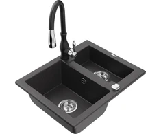 Granitinė virtuvinė plautuvė Mexen Carlos su maišytuvu ir sifonu, Juodas granite+Juodas