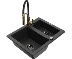 Granitinė virtuvinė plautuvė Mexen Carlos su maišytuvu ir sifonu, Metallic juodas/sidabrinis+Juodas/Gold