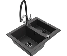 Granitinė virtuvinė plautuvė Mexen Carlos su maišytuvu ir sifonu, Juodas granite+Juodas/Chrome