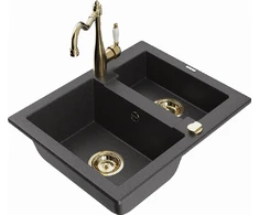 Granitinė virtuvinė plautuvė Mexen Carlos su maišytuvu ir sifonu, Juodas granite+Gold