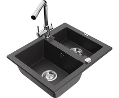 Granitinė virtuvinė plautuvė Mexen Carlos su maišytuvu ir sifonu, Juodas granite+Chrome