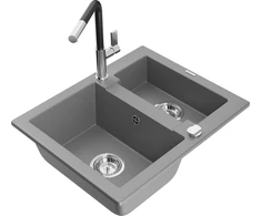 Granitinė virtuvinė plautuvė Mexen Carlos su maišytuvu ir sifonu, Pilkas+Juodas/Chrome