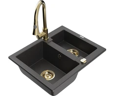 Granitinė virtuvinė plautuvė Mexen Carlos su maišytuvu ir sifonu, Juodas granite+Gold
