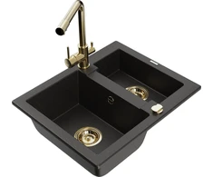 Granitinė virtuvinė plautuvė Mexen Carlos su maišytuvu ir sifonu, Metallic juodas/auksinis+Gold
