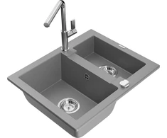 Granitinė virtuvinė plautuvė Mexen Carlos su maišytuvu ir sifonu, Pilkas+Chrome