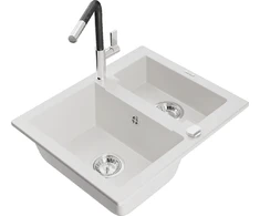 Granitinė virtuvinė plautuvė Mexen Carlos su maišytuvu ir sifonu, Baltas+Juodas/Chrome