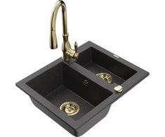 Granitinė virtuvinė plautuvė Mexen Carlos su maišytuvu ir sifonu, Juodas granite+Gold