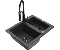 Granitinė virtuvinė plautuvė Mexen Carlos su maišytuvu ir sifonu, Juodas granite+Juodas