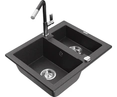 Granitinė virtuvinė plautuvė Mexen Carlos su maišytuvu ir sifonu, Juodas granite+Juodas/Chrome