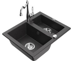 Granitinė virtuvinė plautuvė Mexen Carlos su maišytuvu ir sifonu, Juodas granite+Chrome