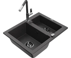 Granitinė virtuvinė plautuvė Mexen Carlos su maišytuvu ir sifonu, Juodas granite+Juodas/Chrome