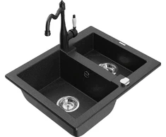 Granitinė virtuvinė plautuvė Mexen Carlos su maišytuvu ir sifonu, Metallic juodas/sidabrinis+Juodas