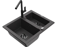 Granitinė virtuvinė plautuvė Mexen Carlos su maišytuvu ir sifonu, Juodas granite+Juodas