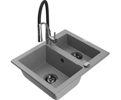 Granitinė virtuvinė plautuvė Mexen Carlos su maišytuvu ir sifonu, Pilkas+Juodas/Chrome