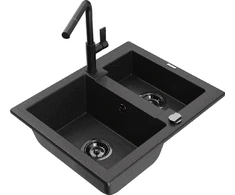 Granitinė virtuvinė plautuvė Mexen Carlos su maišytuvu ir sifonu, Metallic juodas/sidabrinis+Juodas