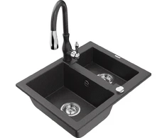 Granitinė virtuvinė plautuvė Mexen Carlos su maišytuvu ir sifonu, Juodas granite