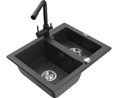 Granitinė virtuvinė plautuvė Mexen Carlos su maišytuvu ir sifonu, Juodas granite+Juodas