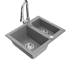 Granitinė virtuvinė plautuvė Mexen Carlos su maišytuvu ir sifonu, Pilkas+Chrome