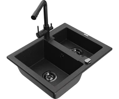 Granitinė virtuvinė plautuvė Mexen Carlos su maišytuvu ir sifonu, Metallic juodas/sidabrinis+Juodas