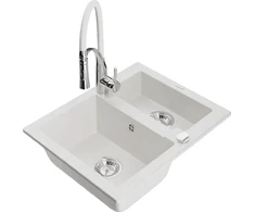 Granitinė virtuvinė plautuvė Mexen Carlos su maišytuvu ir sifonu, Baltas+Baltas/Chrome