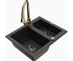 Granitinė virtuvinė plautuvė Mexen Carlos su maišytuvu ir sifonu, Metallic juodas/auksinis+Gold