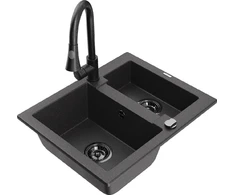 Granitinė virtuvinė plautuvė Mexen Carlos su maišytuvu ir sifonu, Juodas granite+Juodas