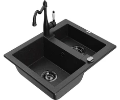 Granitinė virtuvinė plautuvė Mexen Carlos su maišytuvu ir sifonu, Metallic juodas/sidabrinis+Juodas