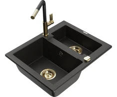Granitinė virtuvinė plautuvė Mexen Carlos su maišytuvu ir sifonu, Metallic juodas/auksinis+Juodas/Gold