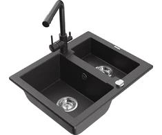 Granitinė virtuvinė plautuvė Mexen Carlos su maišytuvu ir sifonu, Juodas granite