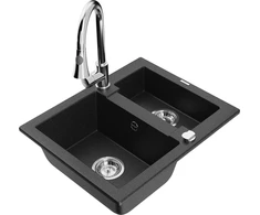 Granitinė virtuvinė plautuvė Mexen Carlos su maišytuvu ir sifonu, Metallic juodas/sidabrinis+Chrome