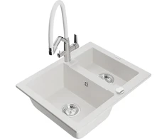 Granitinė virtuvinė plautuvė Mexen Carlos su maišytuvu ir sifonu, Baltas+Baltas/Chrome