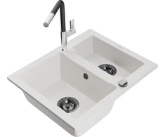 Granitinė virtuvinė plautuvė Mexen Carlos su maišytuvu ir sifonu, Baltas+Juodas/Chrome