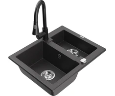 Granitinė virtuvinė plautuvė Mexen Carlos su maišytuvu ir sifonu, Juodas granite+Juodas