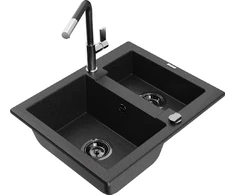 Granitinė virtuvinė plautuvė Mexen Carlos su maišytuvu ir sifonu, Metallic juodas/sidabrinis+Juodas/Chrome