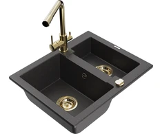 Granitinė virtuvinė plautuvė Mexen Carlos su maišytuvu ir sifonu, Juodas granite+Gold
