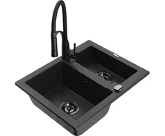 Granitinė virtuvinė plautuvė Mexen Carlos su maišytuvu ir sifonu, Metallic juodas/sidabrinis+Juodas